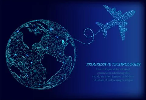 Airplane flight path vector line icon of an aircraft airplane flight route wi Stock Illustration