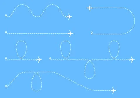 Airplane flight paths with dashed lines and location pins on blue background Stock Illustration