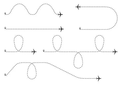 Airplane flight paths with dashed lines and location pins isolated on white. 스톡 일러스트