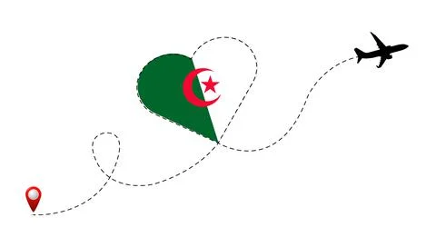 Airplane flight route with Algiers flag inside the heart. Stock Illustration