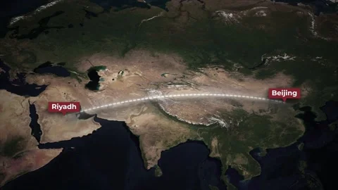 Airplane Flight Route Animation from Riyadh to Beijing on World Map Stock Footage 339458617