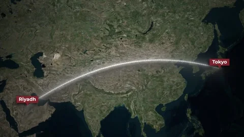 Airplane Flight Route Animation from Riyadh to Tokyo on Satellite Map Stock Footage 339601008