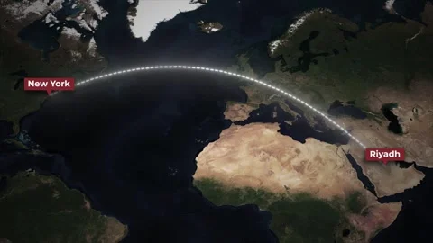 Airplane Flight Route Animation Riyadh to New York on Global Map Stock Footage 339606219