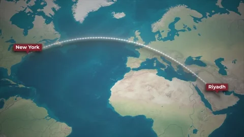Airplane Flight Route Animation from Riyadh to New York on Topographic Map Stock Footage 339606259