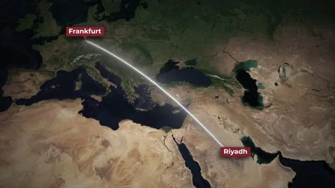 Airplane Flight Route Animation Riyadh to Frankfurt on Satellite Map Stock Footage 339789077