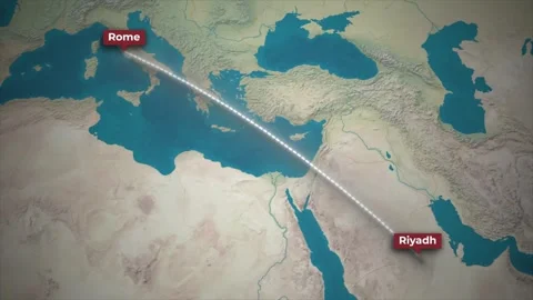 Airplane Flight Route Animation Riyadh to Rome on 3D Map Background Stock Footage 339789518