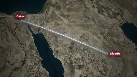 Airplane Flight Route Animation from Riyadh to Cairo on Satellite Map Stock Footage 340159258