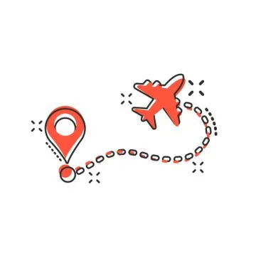 Airplane flight route icon in comic style. Travel line path vector cartoon il Stock Illustration