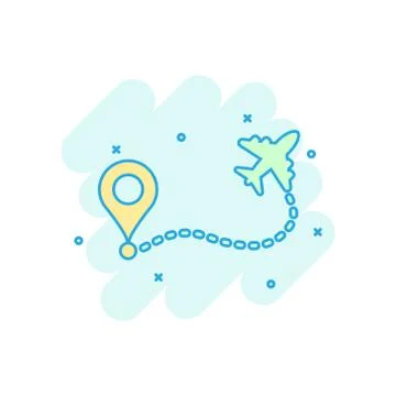 Airplane flight route icon in comic style. Travel line path vector cartoon il Stock Illustration
