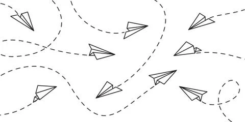 Airplane flight route line path and destination point. Paper planes travel da 스톡 일러스트