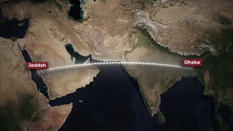 Airplane Flight Route Map Animation from Dhaka to Jeddah on Satellite Earth Map Stock Footage 341427993