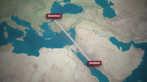 Airplane Flight Route Map Animation Istanbul to Jeddah on TopographicBackground Stock Footage 341498387