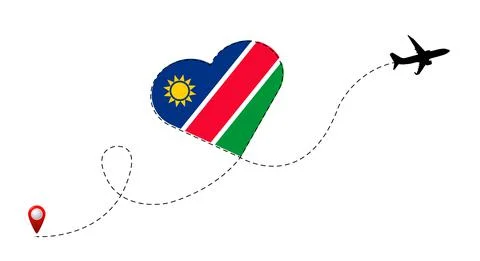 Airplane flight route with Namibia flag inside the heart. Stock Illustration