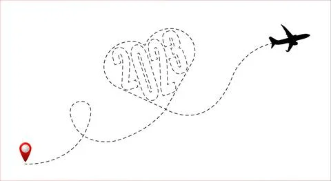 Airplane flight route with New Year 2023 numbers inside the heart. Stock Illustration
