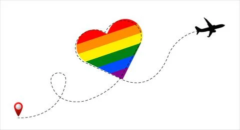 Airplane flight route with rainbow flag inside heart. LGBT concept. Vector. Stock Illustration