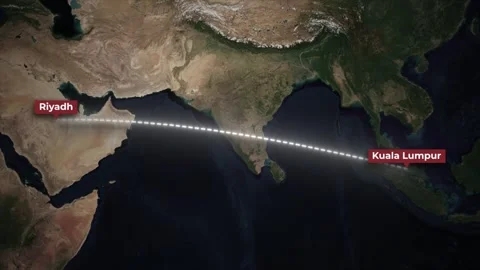 Airplane Flight Route Riyadh to Kuala Lumpur on Satellite Map Stock Footage 340090643
