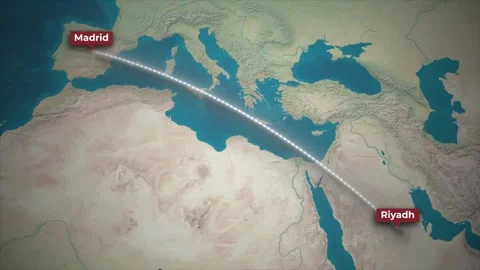 Airplane Flight Route Riyadh to Madrid Animation on Topographic Map Background Stock Footage 340026071