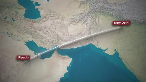 Airplane Flight Route Riyadh to New Delhi on Topographic Map Background Stock Footage 340097716