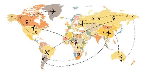 Airplane flight route on world map. Linear flight of the aircraft with the st Stock Illustration