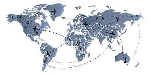 Airplane flight route on world map. Linear flight of the aircraft with the st Stock Illustration