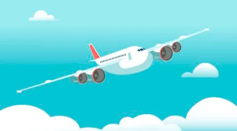 Airplane in flight with white clouds and blue sky background. Vector Stock Illustration
