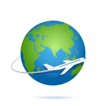 Airplane fly around the planet Earth. Vector logo icon Stock Illustration