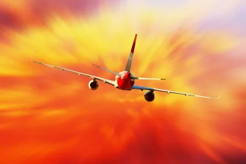 Airplane at fly on the sky with clouds Stock Photos