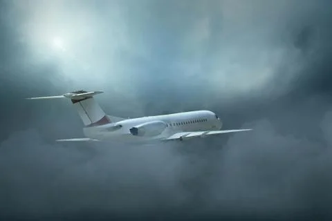 Airplane at fly on the sky with clouds Stock Photos