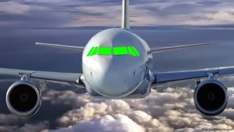 Airplane Flying Above Clouds Front View Cockpit Green Screen Window Stock Footage 340675836
