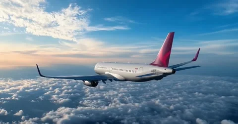 Airplane Flying Above White Clouds with Bright Blue Sky Background Stock Footage 304443913