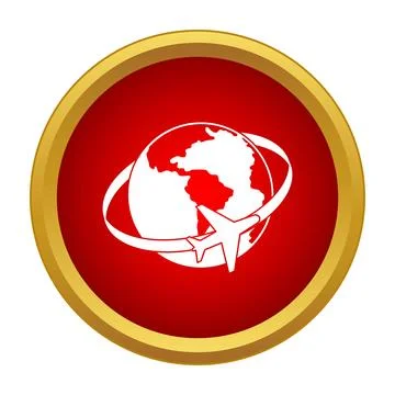 Airplane flying around a globe symbol on red button Stock Illustration