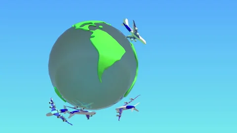 Airplane flying around the world , globe or earth planet. Tourism,travel Stock Footage 159871754