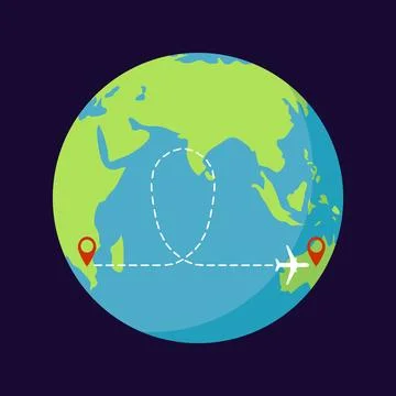 Airplane flying around the world globe with travel path route vector flat Stock Illustration