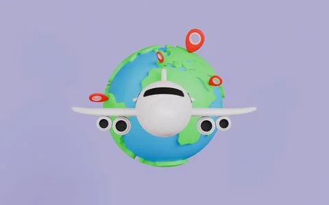 Airplane flying around the world with location pin, Time to travel Stock Illustration