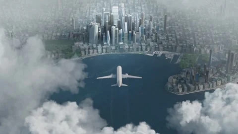 Airplane flying between the clouds comes in for a landing in a big city. Stock Footage 308995670