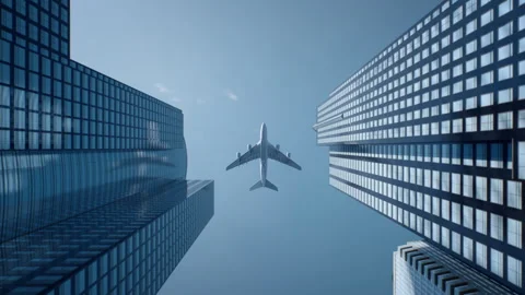 Airplane Flying Between Skyscrapers in Modern City 3D render animation Stock Footage 334665974