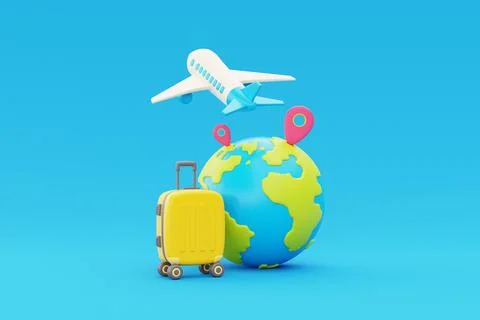 Airplane flying in clouds with globe, location pin and suitcase, Tourism an.. Stock Illustration