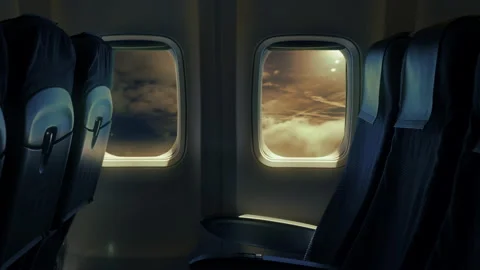 Airplane Flying Clouds Window Interior View, Empty Seats Stock Footage 220022881
