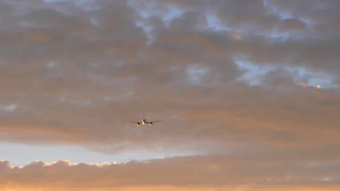 Airplane flying in the cloudy sky at sunset scenic view Stock Footage 337168332
