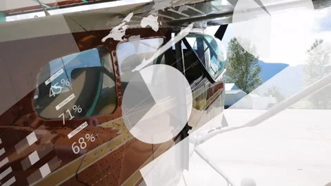 Airplane flying with data charts and graphs overlaying in sky Video stock 304953529