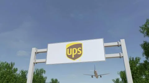 Airplane flying over advertising billboard with United Parcel Service UPS logo Stock Illustration