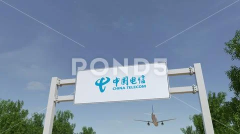 Airplane flying over advertising billboard with China Telecom logo. Editorial 3D Stock Illustration