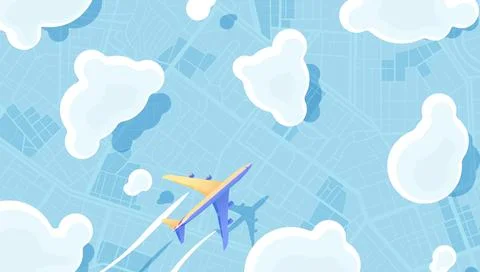 Airplane Flying Over City Map Through Clouds. Air Travel and Navigation Concept Stock Illustration