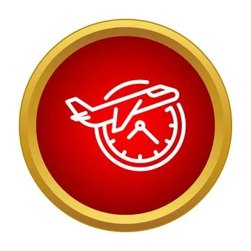Airplane flying over clock icon representing travel time Stock Illustration
