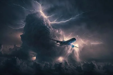 Airplane flying over the clouds,storm background,Made by AI Stock Illustration