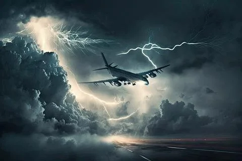Airplane flying over the clouds,storm background,Made by AI Stock Illustration