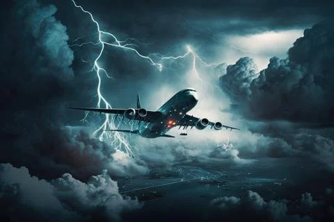 Airplane flying over the clouds,storm background,Made by AI Stock Illustration