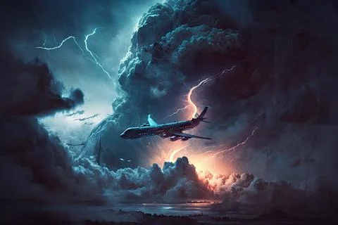 Airplane flying over the clouds,storm background,Made by AI Stock Illustration
