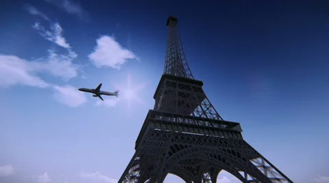 Airplane flying over the Eiffel Tower Stock Footage 38157105