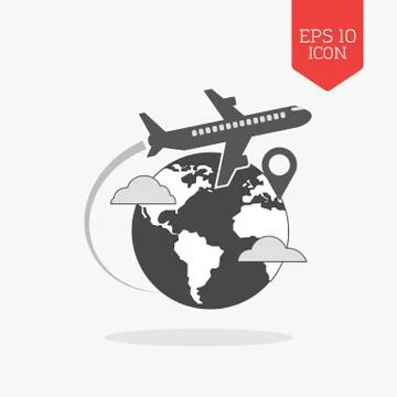 Airplane flying over globe icon, travel with destination concept. Flat design Stock Illustration